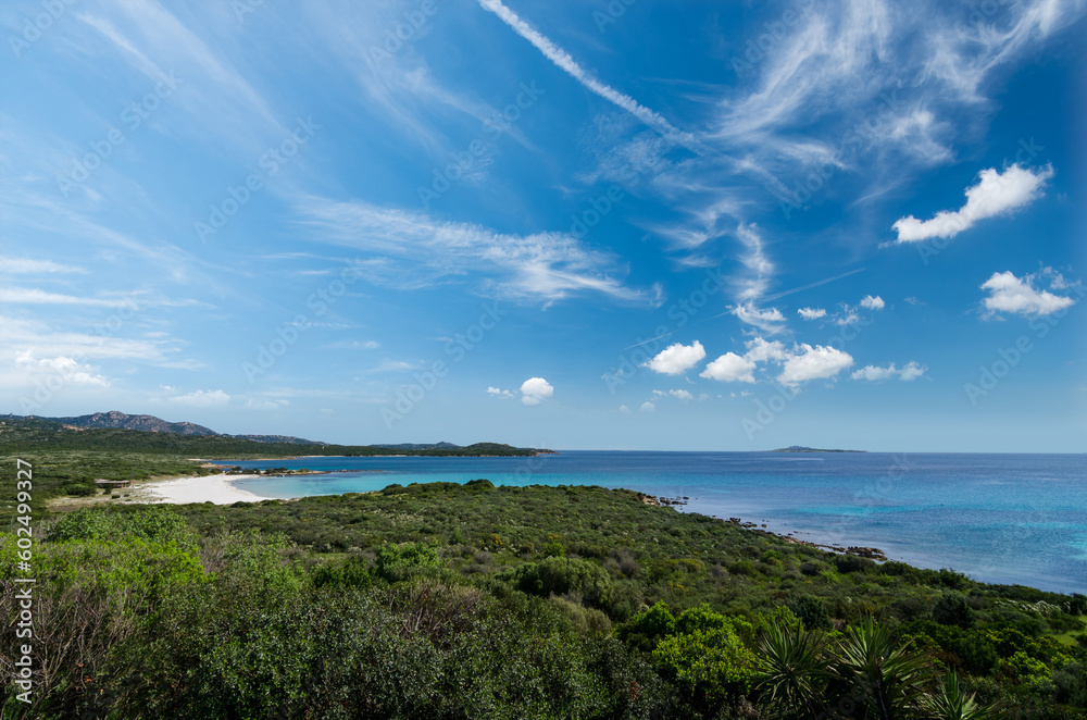 Wide-angle seascape showing the beauty of a luxury summer destination in Costa Smeralda, Sardinia, Italy