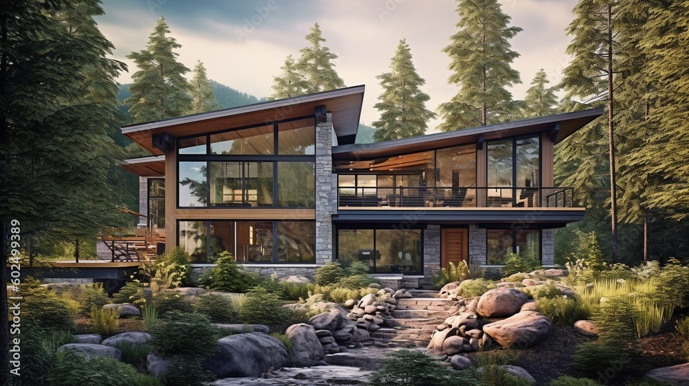 An outside view of a contemporary home from a wide perspective. situated on a mountain Bright colors, daylight, local vegetation, and streams are all present in the setting. GENERATE AI An outside view of a contemporary home from a wide perspective. situated on a mountain Bright colors, daylight, local vegetation, and streams are all present in the setting. GENERATE AI