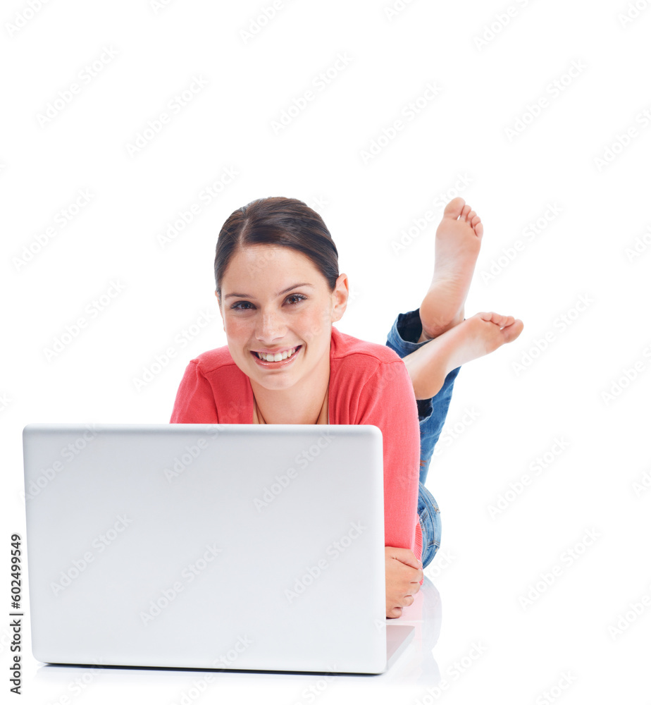 Studio laptop, relax portrait and woman smile on floor doing internet, website or digital web search for research project. Online shopping girl, e commerce or happy model isolated on white background Studio laptop, relax portrait and woman smile on floor doing internet, website or digital web search for research project. Online shopping girl, e commerce or happy model isolated on white background