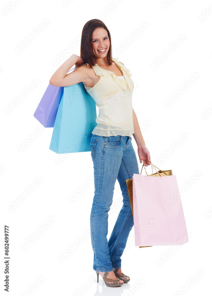 Customer shopping bag, portrait smile or woman with retail sale product, discount fashion deal or mall store present. Commerce market, luxury designer gift or studio girl isolated on white background