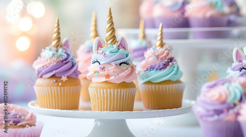 cute unicorn theme birthday party cupcakes. Generative ai © rorozoa