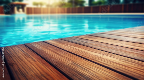 Empty wooden surface with summer travel hotel swimming pool background. Generative ai