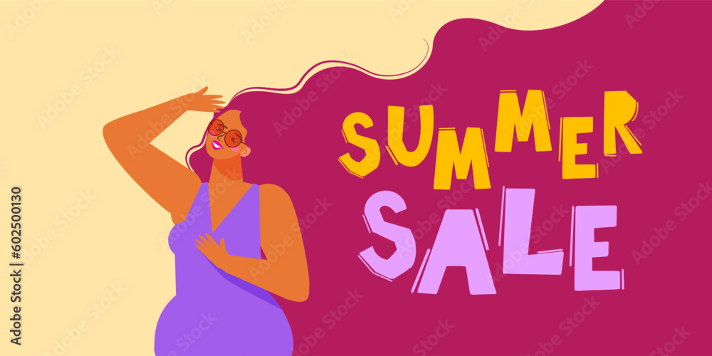 Flat vector illustration. Summer time, girl in sunglasses with long hair. Summer sale. Perfect background for posters, covers, flyers, banners.