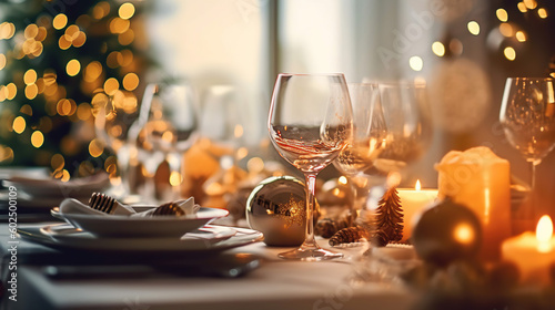 Christmas Family Dinner Table with blurred background. Generative Ai