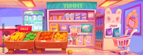 Cartoon grocery store interior with kawaii style goods. Vector illustration of food shop with cute colorful boxes, bottles and packages on shelves, fresh fruit, discount and sale tags, shopping cart