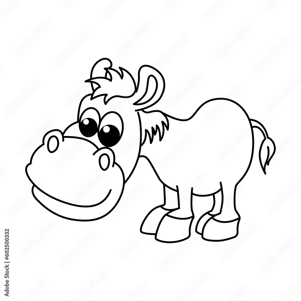 Funny donkey cartoon characters vector illustration. For kids coloring book.
