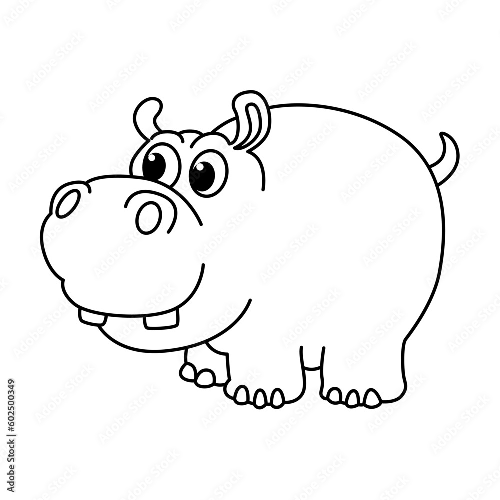 Obraz premium Funny hippo cartoon characters vector illustration. For kids coloring book.