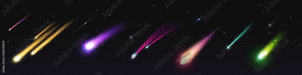 Realistic set of falling comets with speed trails. Vector cartoon illustration of meteor, asteroid or star flying down with colorful sparkling tail isolated on transparent background. Meteorite shower - obrazy, fototapety, plakaty 