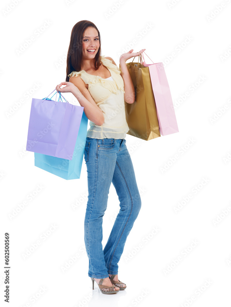 Customer shopping bag, studio portrait or woman with retail sale product, discount fashion deal or mall store present. Commerce market, luxury designer gift or happy girl isolated on white background Customer shopping bag, studio portrait or woman with retail sale product, discount fashion deal or mall store present. Commerce market, luxury designer gift or happy girl isolated on white background