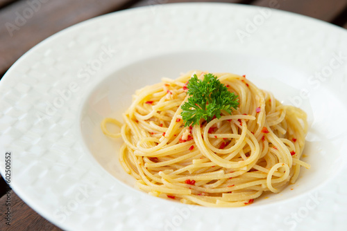 Peperoncino oil pasta on a plate