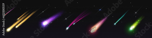 Realistic set of falling comets with speed trails. Vector cartoon illustration of meteor, asteroid or star flying down with colorful sparkling tail isolated on transparent background. Meteorite shower