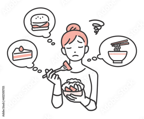 ダイエットで食事を我慢する女性のベクターイラスト素材／食事制限／糖質制限

