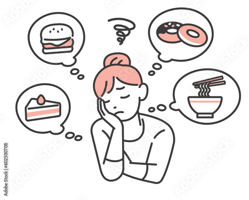 食べたいものを我慢する女性のベクターイラスト素材／食事制限／糖質制限