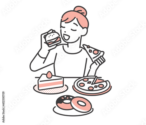 たくさん食べる女性のベクターイラスト素材／ダイエット／過食
