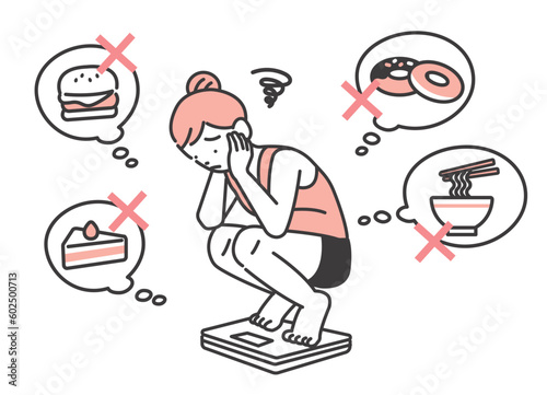 体重計に乗って悩む女性のベクターイラスト素材／ダイエット／増量