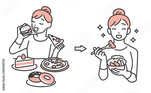 ダイエットで食生活を改善した女性のベクターイラスト素材／ダイエット／ヘルシー／食事制限