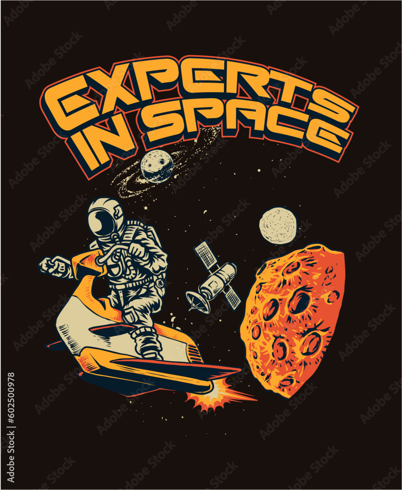 experts in space, astronaut ride jet ski on space outside mars illustration - obrazy, fototapety, plakaty 