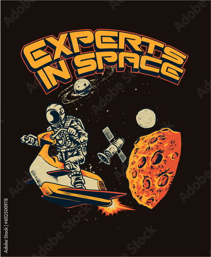 experts in space, astronaut ride jet ski on space outside mars illustration