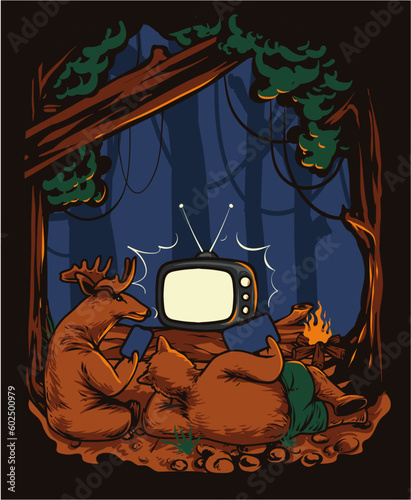 bear and moose camping on the forest watching TV illustration