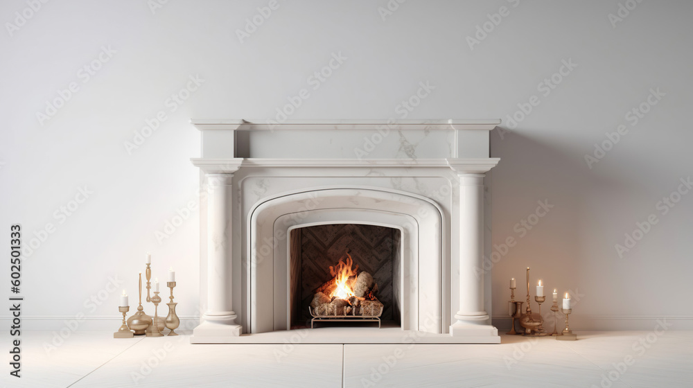 Large traditional fireplace with roaring fire. Empty mantle piece ...