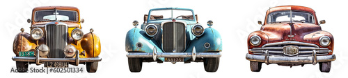 The front of three very old antique and brocante cars on a transparent background, Generative AI photo