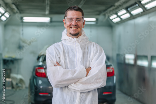 portrait male garage painter car painting color coat team staff worker employee happy smiling