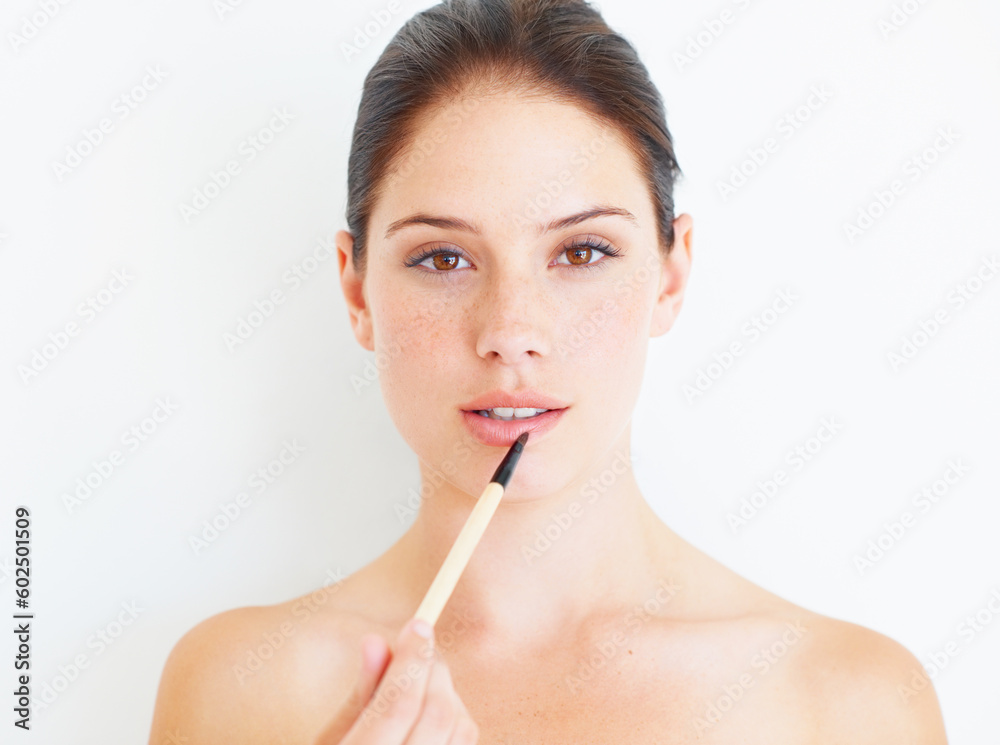 Beauty, makeup and portrait of woman with lipstick in studio for grooming, glamour and cosmetics on white background. Face, lip liner and girl model relax for luxury, color and mouth contour isolated Beauty, makeup and portrait of woman with lipstick in studio for grooming, glamour and cosmetics on white background. Face, lip liner and girl model relax for luxury, color and mouth contour isolated