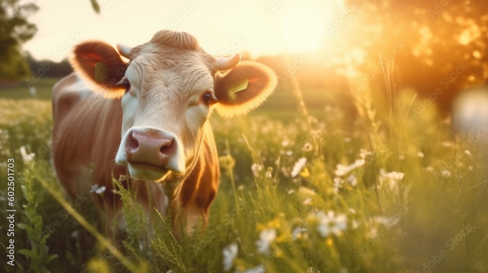 Generative AI. Real photo. Close-up of a cow eating grass. juicy green grass in the meadow. cow chews grass. Morning shooting time, golden hour. 