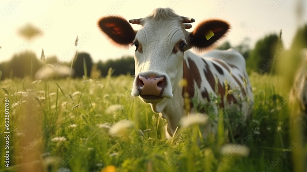 Generative AI. Real photo. Close-up of a cow eating grass. juicy green grass in the meadow. cow chews grass. Morning shooting time, golden hour. 