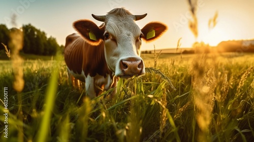 Generative AI. Real photo. Close-up of a cow eating grass. juicy green grass in the meadow. cow chews grass. Morning shooting time, golden hour. 
