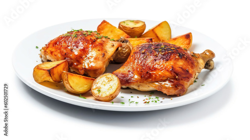 Roasted chicken and potatoes on white plate, white isolated background, Generative Ai