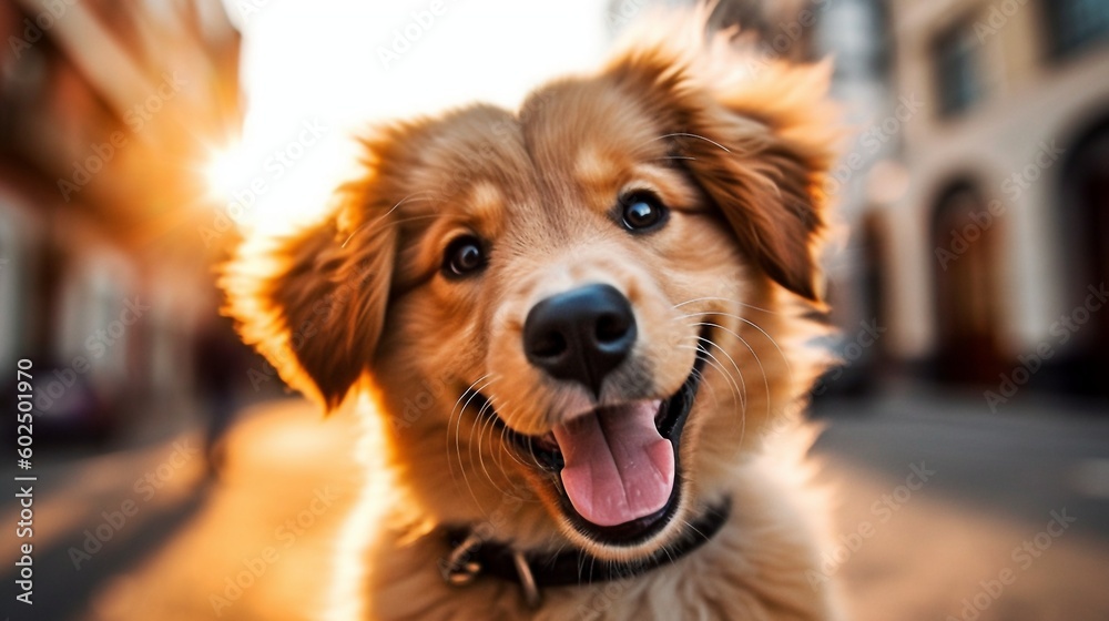 Fototapeta premium Generative AI. Wallpaper. Real photo. Happy dog. Adorable dog playing with his toy outdoors. Close-up. dog smiles, happy dog. charming, animal.