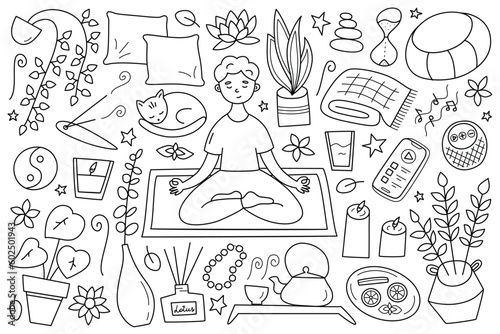 Meditation doodle icons, collection of pillows, candles, home fragrance, boy meditating in lotus pose, mindfulness practice vector illustration, isolated outline clipart on white background
