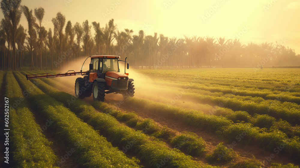 Fototapeta premium A tractor sprays pesticides on plantation field at sunset. Generative Ai