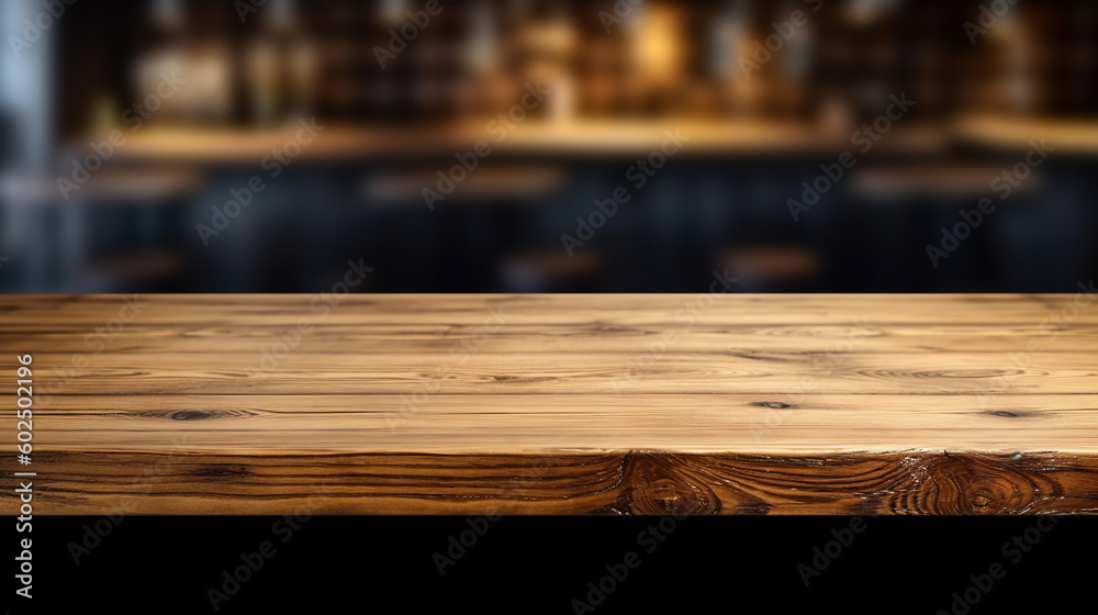 An empty wooden counter table top for product display in a pub or bar. Generative ai An empty wooden counter table top for product display in a pub or bar. Generative ai