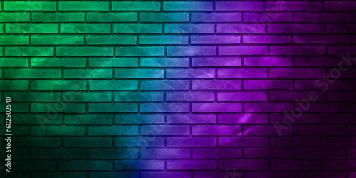 Toned brick wall texture. blue purple magenta teal green rough surface. gradient. colorful background with space for design. dark. grungy backdrop