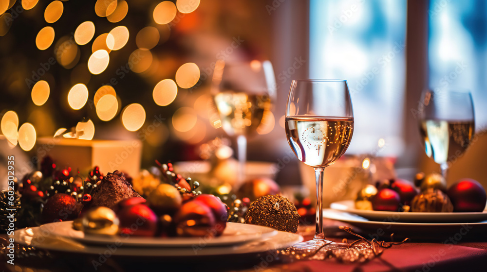 Christmas Family Dinner Table with blurred background. Generative Ai Christmas Family Dinner Table with blurred background. Generative Ai