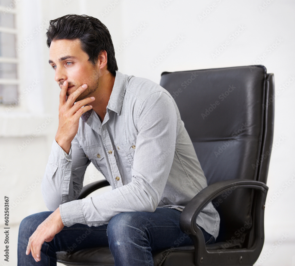 Thinking, business and man on chair in office with idea for career, job or work management. Professional, male entrepreneur and decision or doubt and manager, ceo or person sitting in workplace. Thinking, business and man on chair in office with idea for career, job or work management. Professional, male entrepreneur and decision or doubt and manager, ceo or person sitting in workplace.