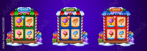 Christmas game shop frame with sweets on wooden shelves. Vector cartoon illustration of holiday store selling delicious donuts, cakes, desserts. Window decorated with garlands, gift boxes and snow