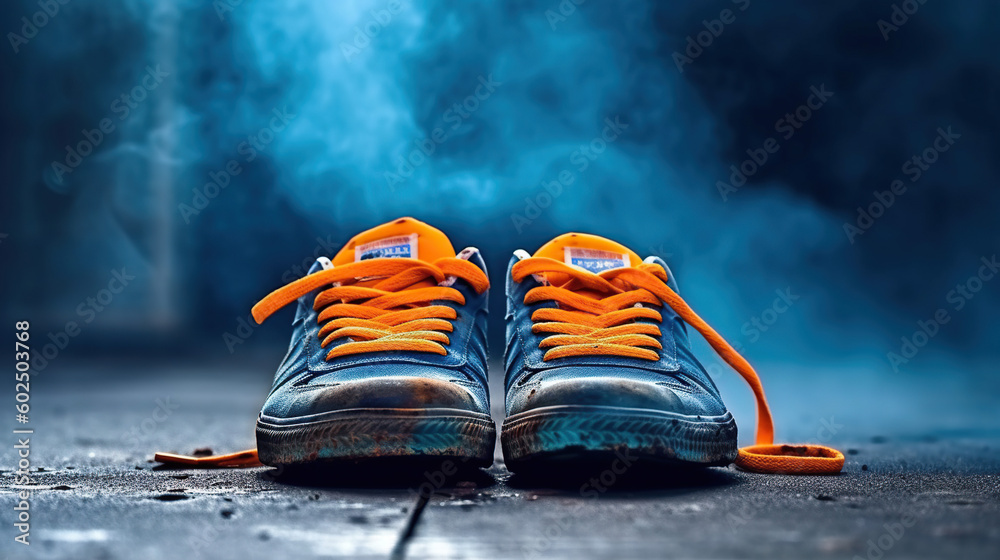 © rorozoa - A pair of blue and orange shoes on a floor in fog background, generative ai © rorozoa - A pair of blue and orange shoes on a floor in fog background, generative ai