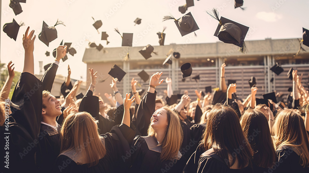 A group of students celebrating their graduation by throwing caps in the air closeup. Generative AI A group of students celebrating their graduation by throwing caps in the air closeup. Generative AI
