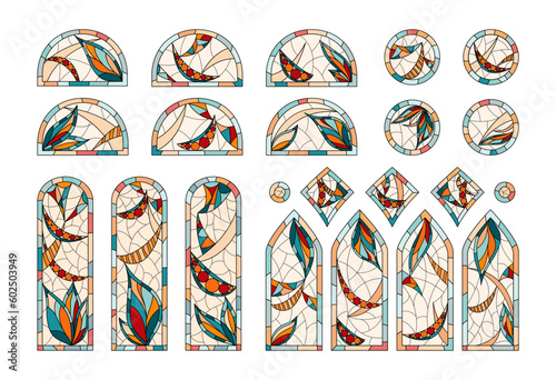 Stained glass in a Church. Set of different windows shapes drawing in one style.