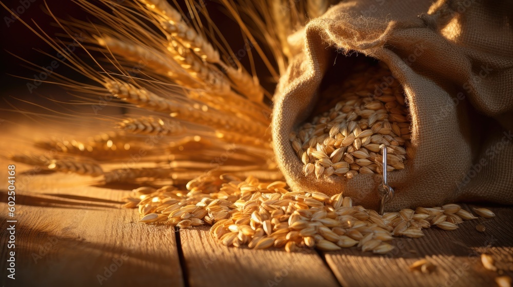 Golden wheat grains, packed in a rustic burlap sack, artfully displayed on an outdoor table. Generative AI Golden wheat grains, packed in a rustic burlap sack, artfully displayed on an outdoor table. Generative AI