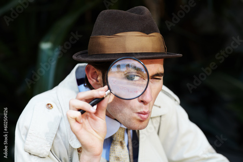 Картината върху платно Private investigator, eye in magnifying glass and portrait of man for detective, searching and looking
