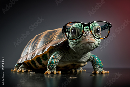 Cute little turtle with eyeglass. Generative ai