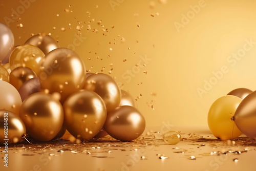 Golden balloons with sparkles and flying confetti on golden background. Celebration, party banner. Generative ai.