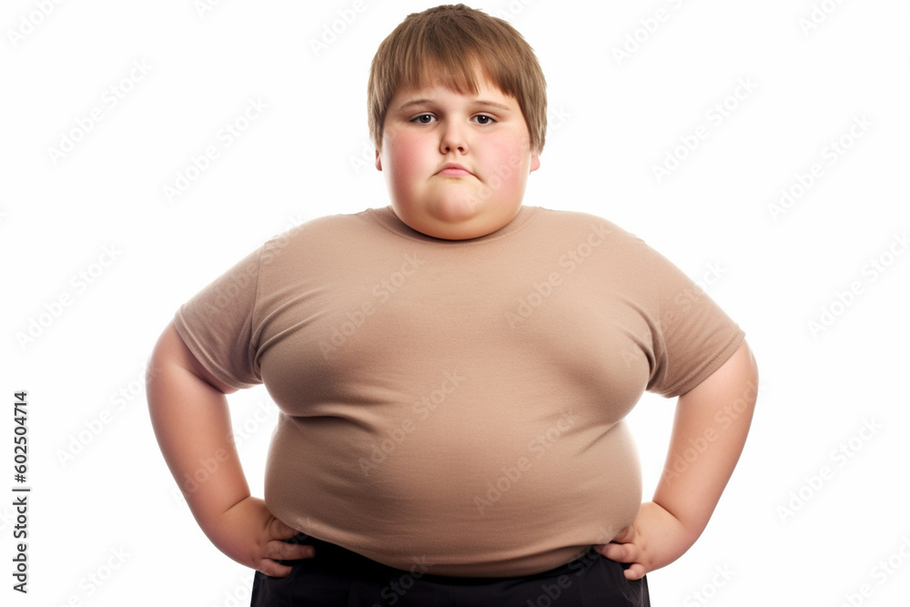 Sad overweight boy in tight clothes. Generative ai Sad overweight boy in tight clothes. Generative ai