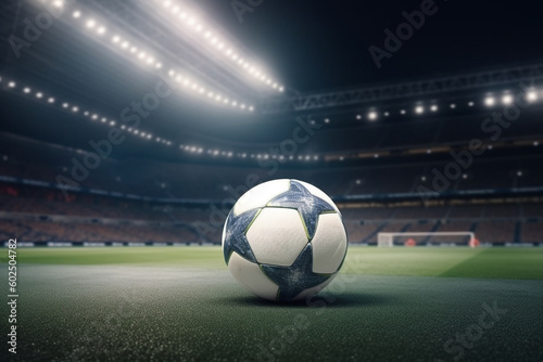 Ball on gras in soccer stadium with illumination at night. Generative ai. © erika8213