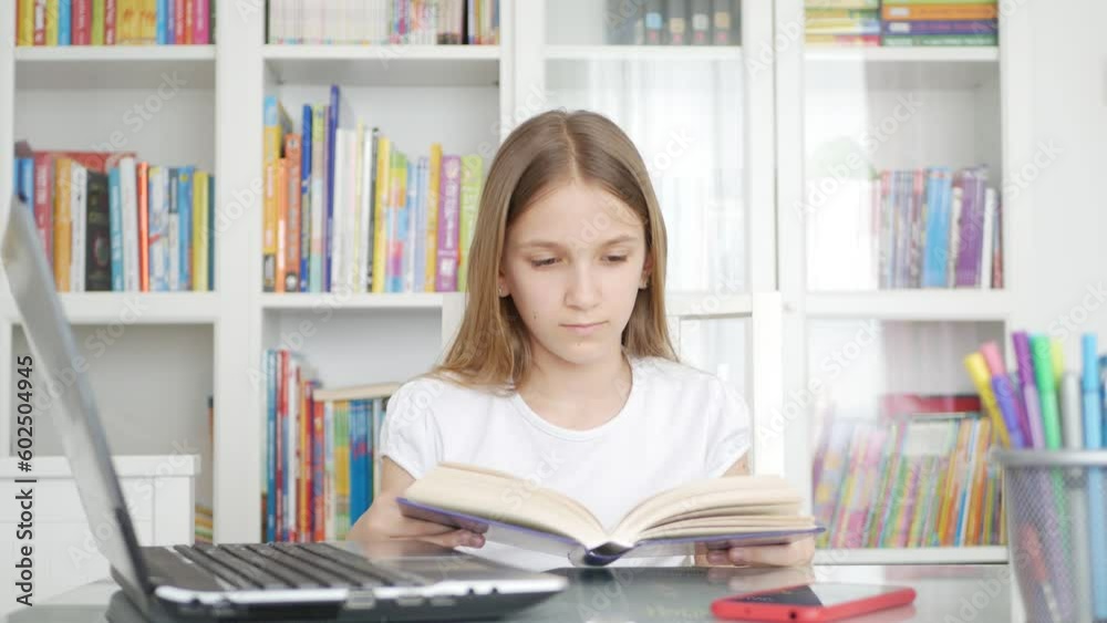 Student Girl Reading Book, Young Child Studying in School Library, Adolescent Kid Reads, Teenager Learning in Classroom Education Student Girl Reading Book, Young Child Studying in School Library, Adolescent Kid Reads, Teenager Learning in Classroom Education