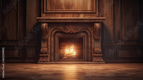 Large traditional fireplace with roaring fire. Empty mantle piece mockup shelf. Generative Ai